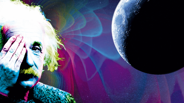 Illustration: Albert Einstein hält sich ein Auge zu, daneben ist der Mond zu sehen